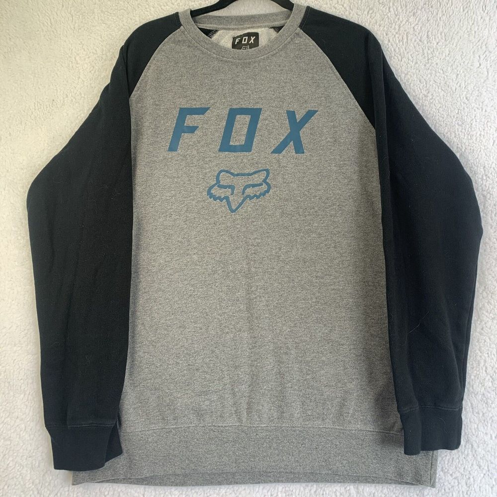 Fox Racing Blue Logo Pullover Grey Black Crew Neck Size XL Long Sleeve #21141